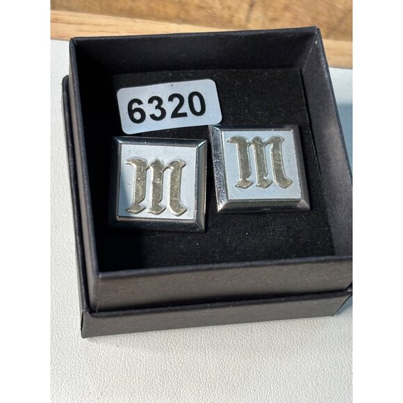 Silver Square Initial M Cufflinks With Gold Lettering - Elegant Mens Accessory - Picture 3 of 9